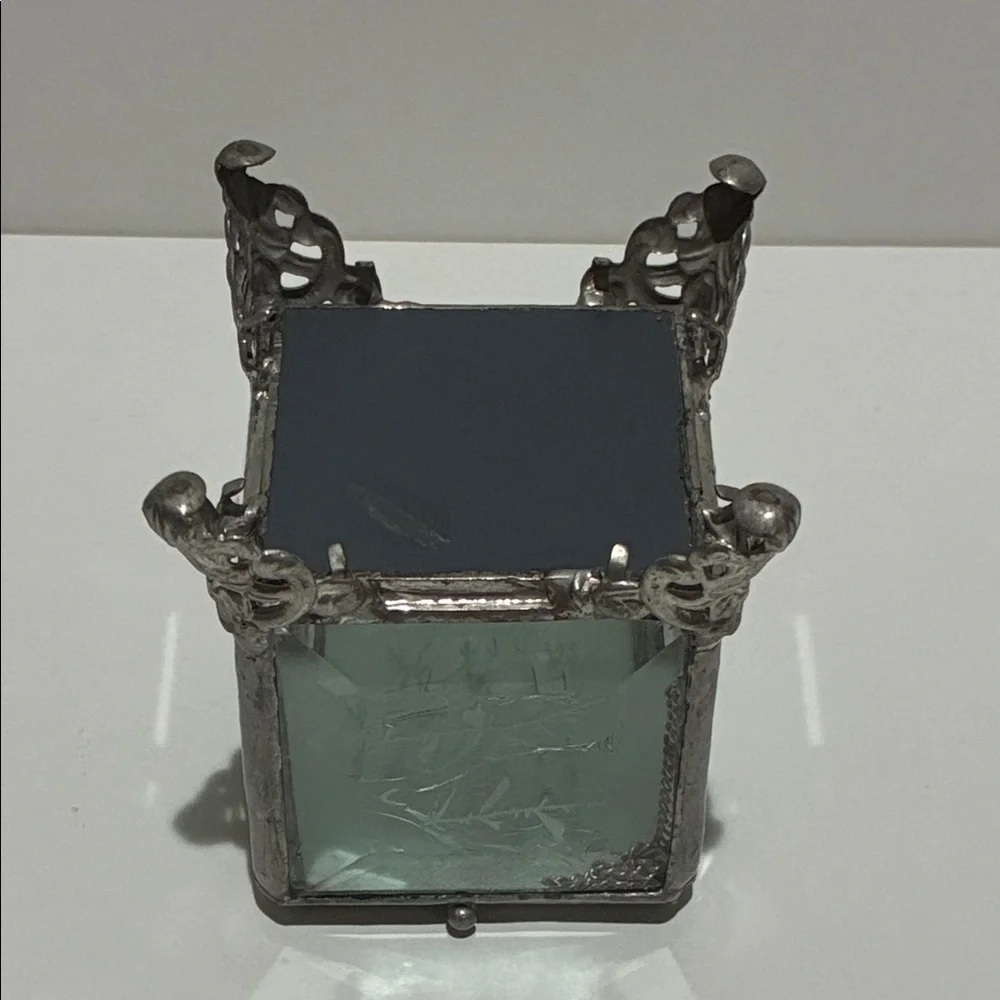 Vintage French Victorian Jewelry Casket Box With Beveled Etched Glass Ormolu 3”